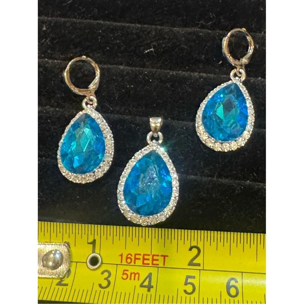 Sparkling Aqua Blue Teardrop Earrings& Pendant Set/Sterling‎ Silver 925 Wedding